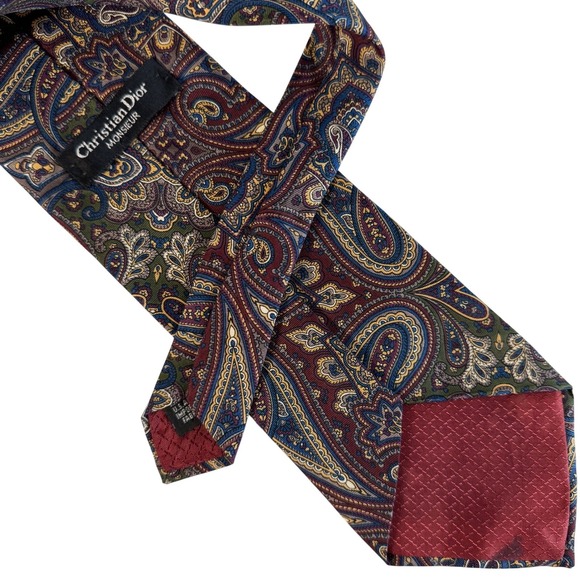 Christian Dior Monsieur Silk Paisley Tie Vintage 90s Wide 3.75" Burgundy Blue - Picture 2 of 2